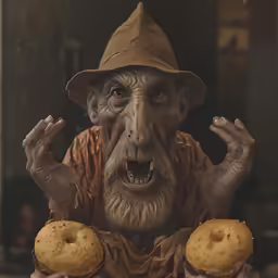 a man holding two donuts in one hand and an orange donut in the other