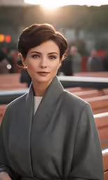 a woman wearing a gray coat and holding onto her hand
