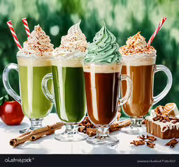 a table topped with glasses filled with drinks,four glasses filled with desserts sitting on a table