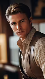a man in a leather vest poses for a picture