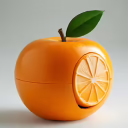 an orange shaped as an apple and half of an apple