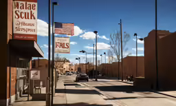 a car driving down a street under a tall american flag