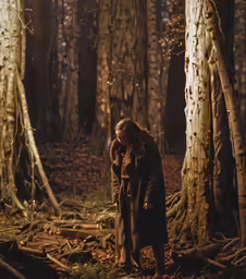 a woman standing in a forest in a coat