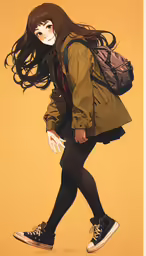 a person with long hair and backpack walks