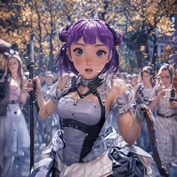 the anime character is holding two swords and posing in front of the other characters