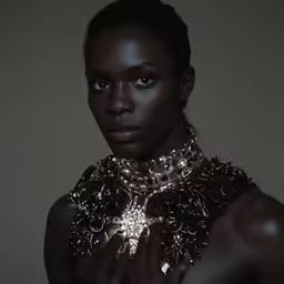 a woman wearing a large choker with an intricate design