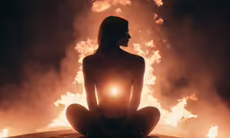 woman sitting in front of fire with the sun shining through her butts