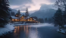 a lake in front of a house with lit up windows