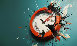 a clock is half - gone with paint splatters around it