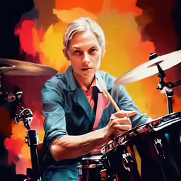 a person with a drum in front of an abstract background