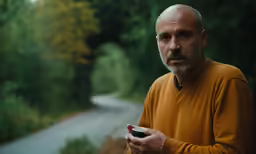 a man with a beard and wearing an orange sweater stands in the road