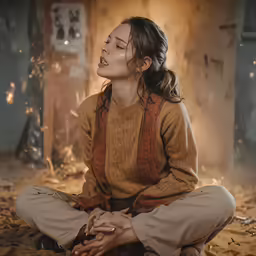 the woman is sitting on the floor holding her hands