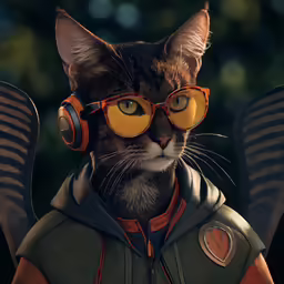 cat wearing aviators and orange sunglasses, with trees in background