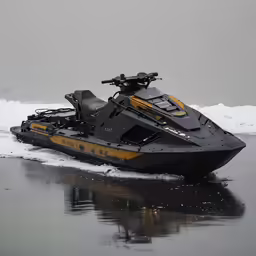 a small ski boat travels along the snow covered shoreline