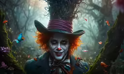 a close up of a clown wearing a top hat