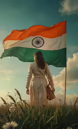 a woman holds the indian flag while she looks at it