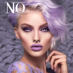 the woman is wearing an piercing and a purple dress,the face of a model with purple and silver makeup