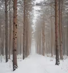the path between the tall trees is full of snow