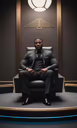 a man in a suit is seated in a room