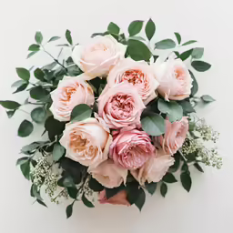 a brides bouquet of pink and peach flowers on her hand