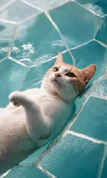 a cat swimming in blue pool and playing with a string
