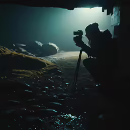 a man crouching in front of a camera next to a cave