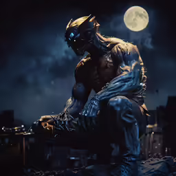 a black man in costume crouching on a roof and looking up at the night