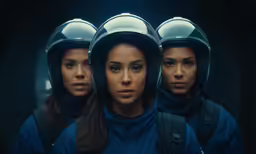 three young women wearing helmets in a dark room