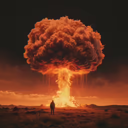 the man stands near a massive fireball in the sky