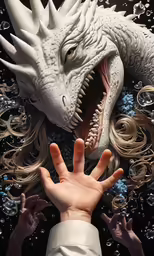 a woman holding her hand over the head of a dragon