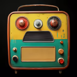 a green and yellow radio sitting next to a black background