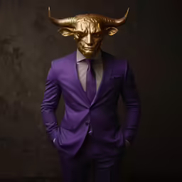 a man in a purple suit and gold head