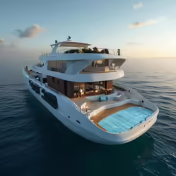 a boat with hot tubs floats through the water