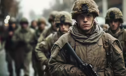 military men walking down a street carrying guns