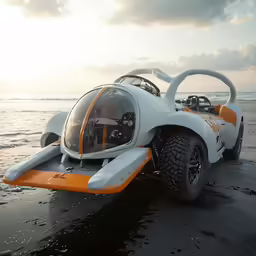a white and orange car parked in the sand on a beach