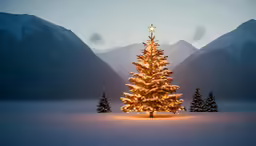 a lighted christmas tree in a snowy landscape