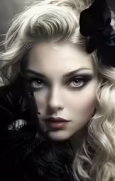 an elegant woman with long hair and blue eyes wearing a black jacket