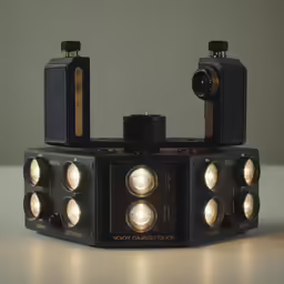 a pair of vintage cameras sitting in an old radio