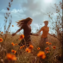 the woman runs through a field in front of a man