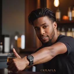 a man wearing a black shirt holding a wine glass