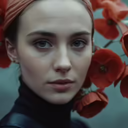 a woman with blue eyes and a headband of red flowers