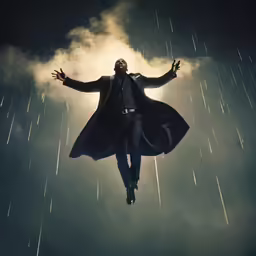 a man flying through the air while holding onto his coat