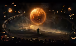 an illustration of a man standing under a giant sun with flying bats around