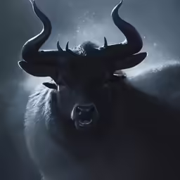 the large black oxen has big horns