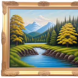 a painting of a river surrounded by mountains,a painting on the wall with mountains in the background