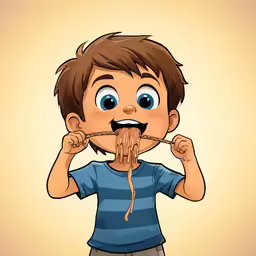 the little boy is eating spaghetti on his tongue