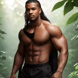 a man with dreadlocks, in shorts standing in the woods