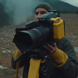a man in yellow hoodie holding camera and recording video