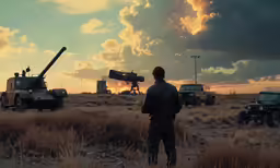 an image of men in the desert staring at vehicles