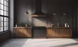 kitchen with counter and oven and lighting in dark tone